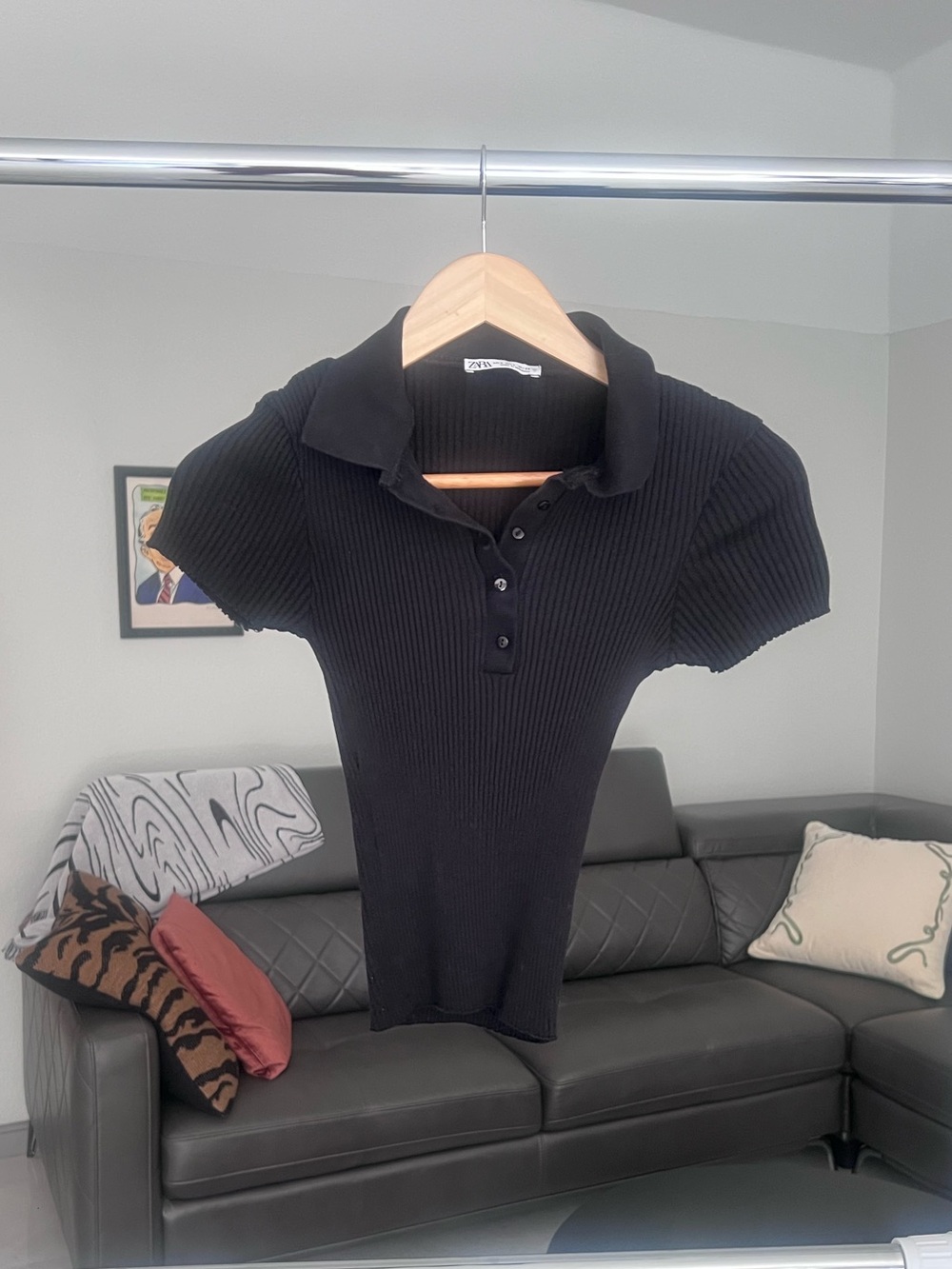 Zara Black Ribbed Polo Shirt
